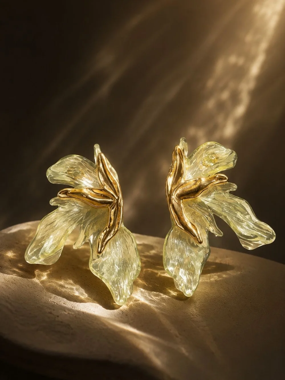 Gold Floral Drop Earrings with Pearlescent Petals